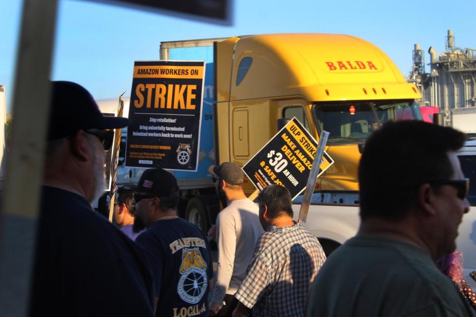 Contract drivers picket at Amazon's San Bernardino warehouses.