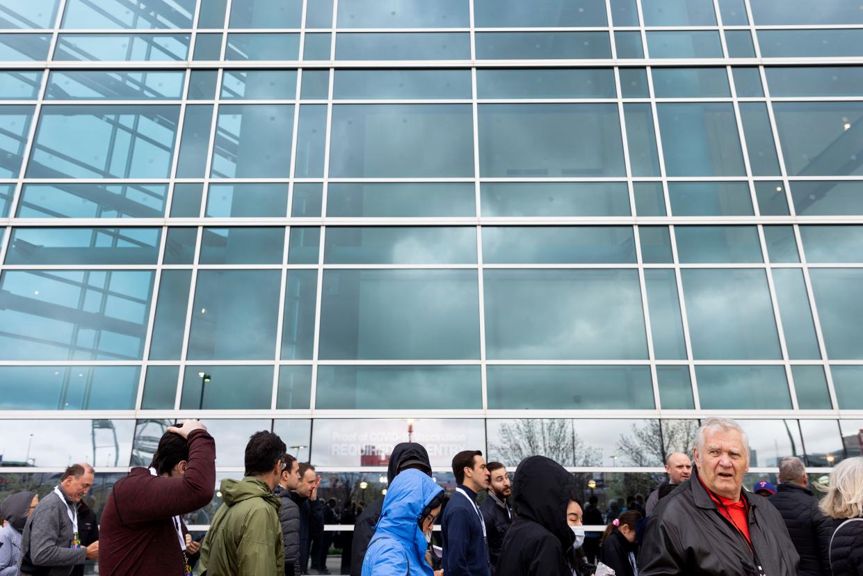 People line up for the Berkshire Hathaway 2022 Annual Shareholders Meeting weekend outside the CHI Health Center in Omaha, Nebraska,  on Saturday