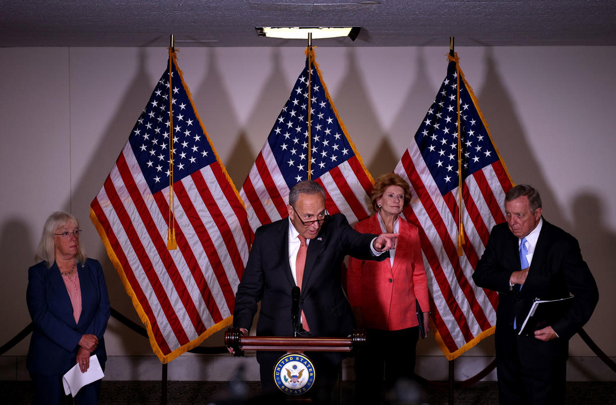 Senate Majority Leader Chuck Schumer speaks alongside Sen. Patty Murray, Sen. Debbie Stabenow, and Sen. Richard Durbin at a press conference following a Senate Democratic luncheon on Capitol Hill on June 08, 2021.