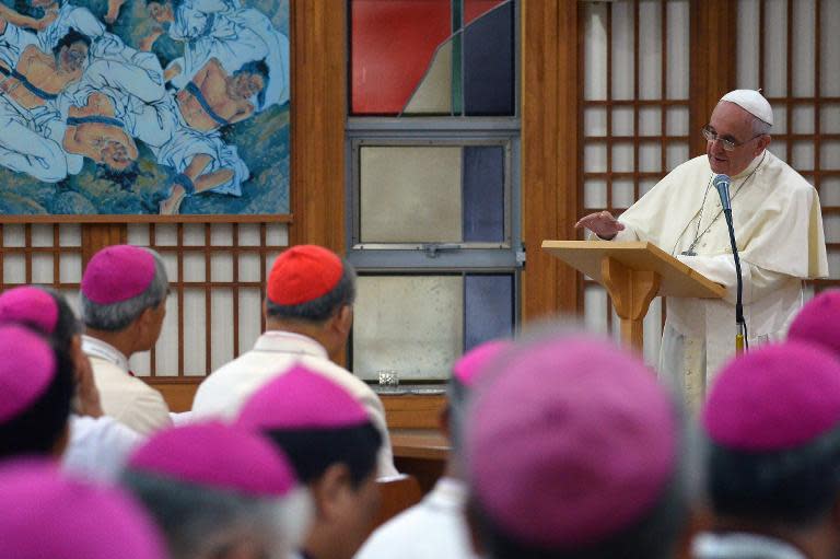 Pope Francis speaks during a meeting with Asian bishops at the Shrine of Haemi in South Korea, on August 17, 2014