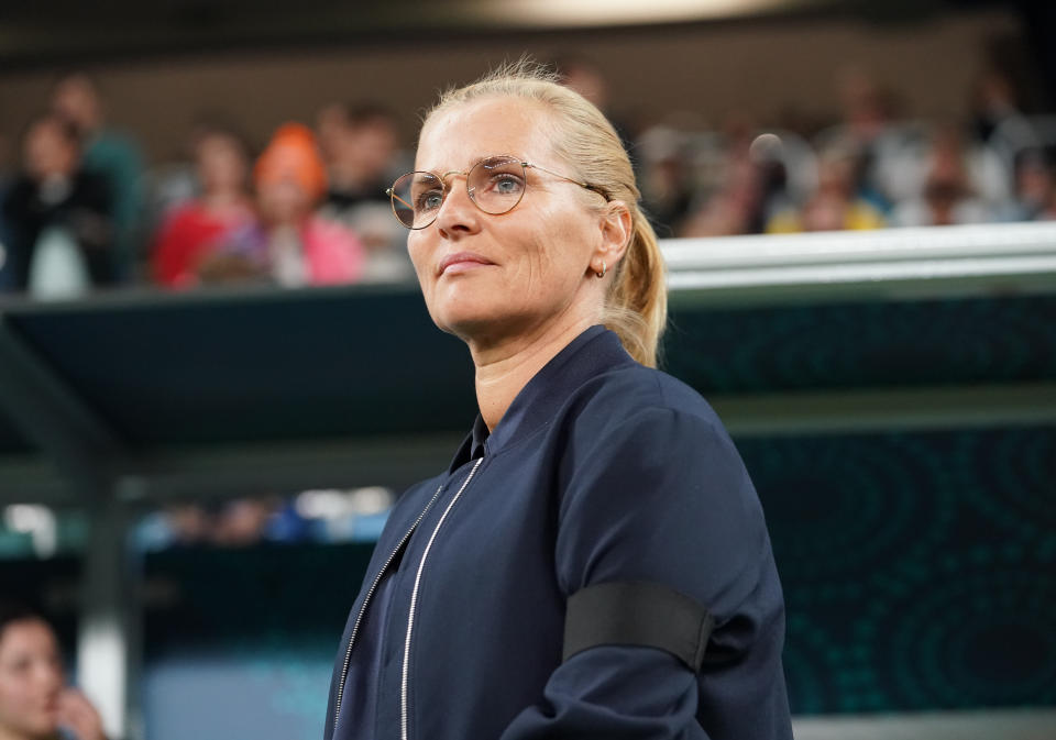 SYDNEY, AUSTRALIA - JULY 28: England Manager Sarina Weigman during the FIFA Women's World Cup Australia & New Zealand 2023 Group D match between England and Denmark at Sydney Football Stadium on July 28, 2023 in Sydney, Australia. (Photo by Stephanie Meek - CameraSport via Getty Images)