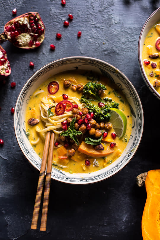 <p><b>6. Thai Pumpkin Laksa with Crunchy Fried Chickpeas</b></p><p><b>Butternut squash is a Thai-style soup staple, but pumpkin’s more subtle flavour puts a whole new spin on things…</b></p><p><b>Get the recipe from <a rel="nofollow noopener" href="http://www.halfbakedharvest.com/thai-pumpkin-laksa-with-crunchy-fried-chickpeas/" target="_blank" data-ylk="slk:Half Baked Harvest;elm:context_link;itc:0;sec:content-canvas" class="link ">Half Baked Harvest</a>.</b></p><p><b><br></b></p>