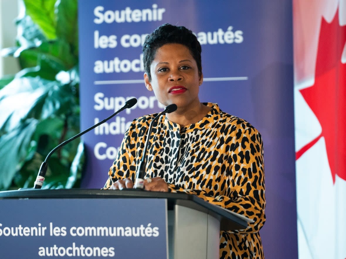 Marci Ien, minister for women and gender equality and youth, delivers remarks in Gatineau, Que., on Monday, June 5, 2023. (Spencer Colby/The Canadian Press - image credit)