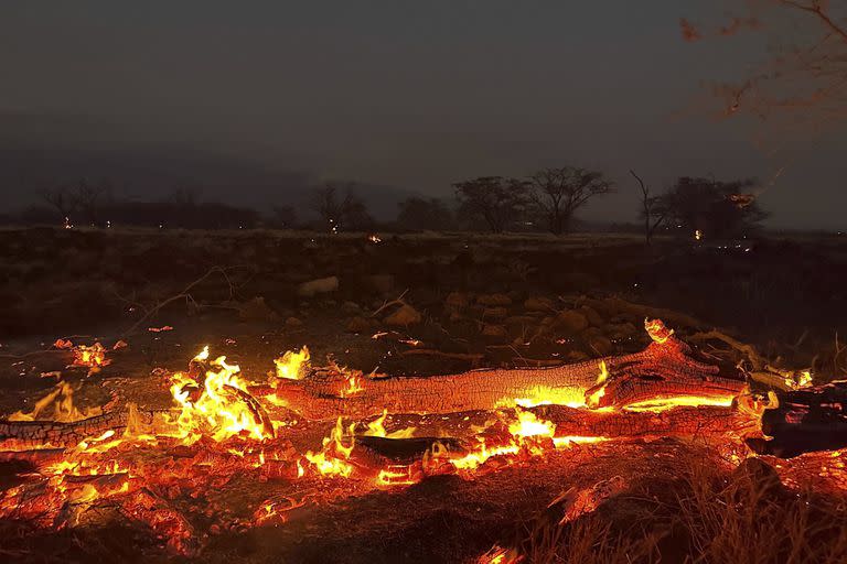 Un incendio forestal arde en Kihei, Hawái, a última hora del miércoles 9 de agosto de 2023. (AP Photo/Ty O'Neil)