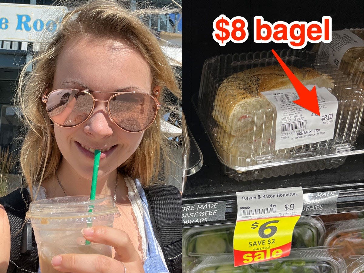 molly obrien smilig with drink left, expensive bagel on right