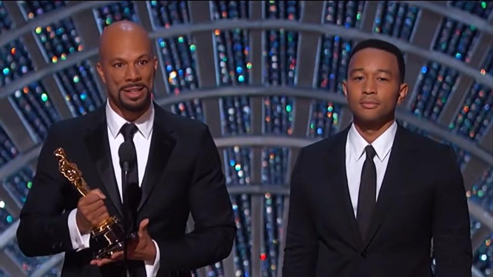 Common and John Legend accepting the Best Original Song Oscar at the 87th Oscars