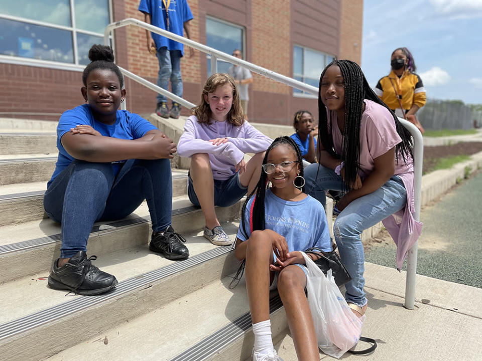 From left to right, Ama Amoateng, 11; Brooke Bennett, 12; Averi Paige, 11 and Rachel Jenkins, 11, at recess. (Asher Lehrer-Small)