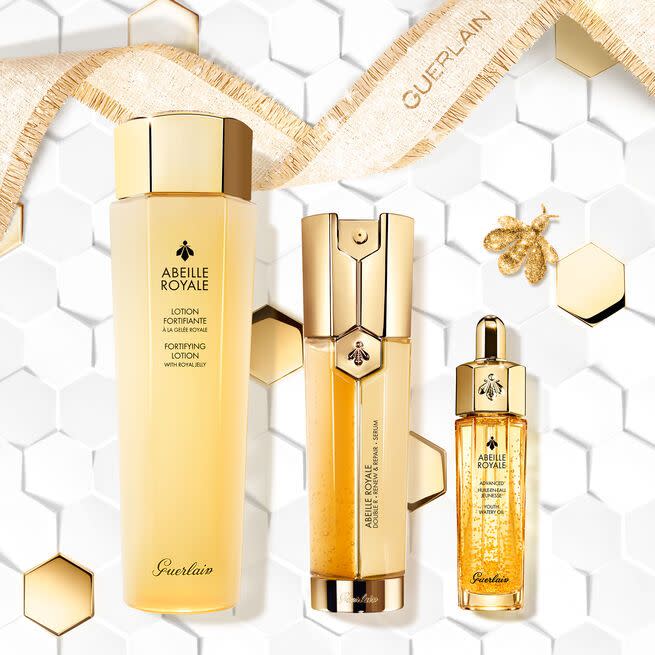 <p><strong>Abeille Royale</strong></p><p>guerlain.com</p><p><strong>$245.00</strong></p><p><a href="https://www.guerlain.com/us/en-us/p/abeille-royale-bestsellers-skincare-set-P061722.html?v=G061722&gclid=CjwKCAjwoP6LBhBlEiwAvCcthPEjPtf1JIivEw2IcKxkqP-MIm0pp7seq9sAlaxj-3FXZ3D4ih-p0xoCJVcQAvD_BwE&gclsrc=aw.ds" rel="nofollow noopener" target="_blank" data-ylk="slk:Shop Now;elm:context_link;itc:0;sec:content-canvas" class="link ">Shop Now</a></p><p>Guerlain's gorgeous Abeille Royale skincare range harnesses the skin-beautifying properties of honey and royal jelly, and the company supports sustainable practices that protect the health of bee populations, making this bestsellers set a win-win. </p>
