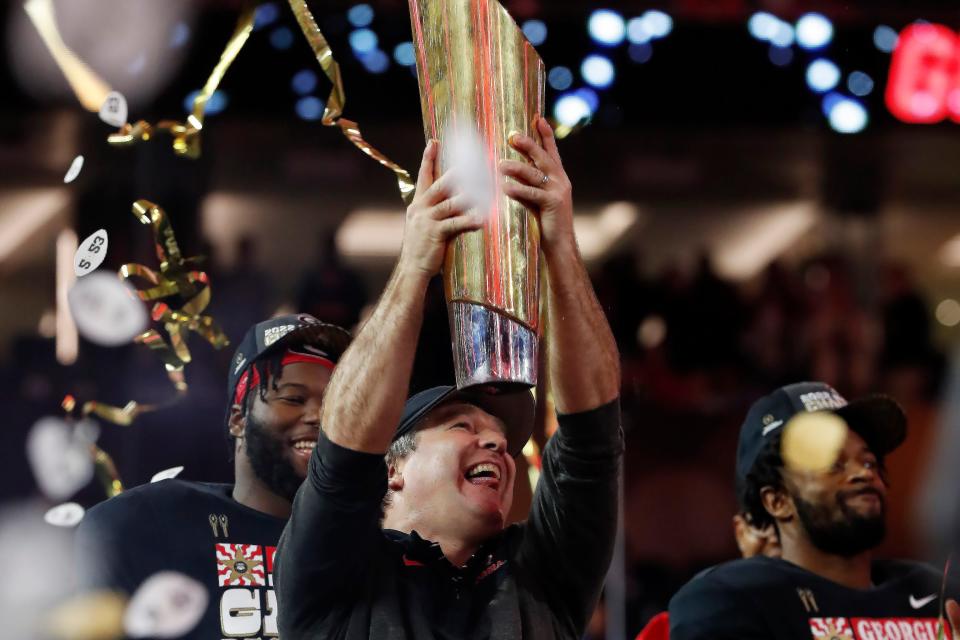 Georgia coach Kirby Smart celebrates after winning the NCAA College Football National Championship game between TCU and Georgia on Monday, Jan. 9, 2023, in Inglewood, Calif. Georgia won 65-7.

News Joshua L Jones

Syndication Online Athens