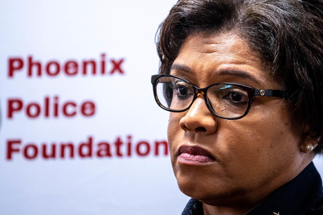 Phoenix police Chief Jeri Williams attends a press conference announcing a renovation project for the Phoenix Police Foundation Victim Center at 2120 N. Central Ave. in Phoenix on Aug. 16, 2022.