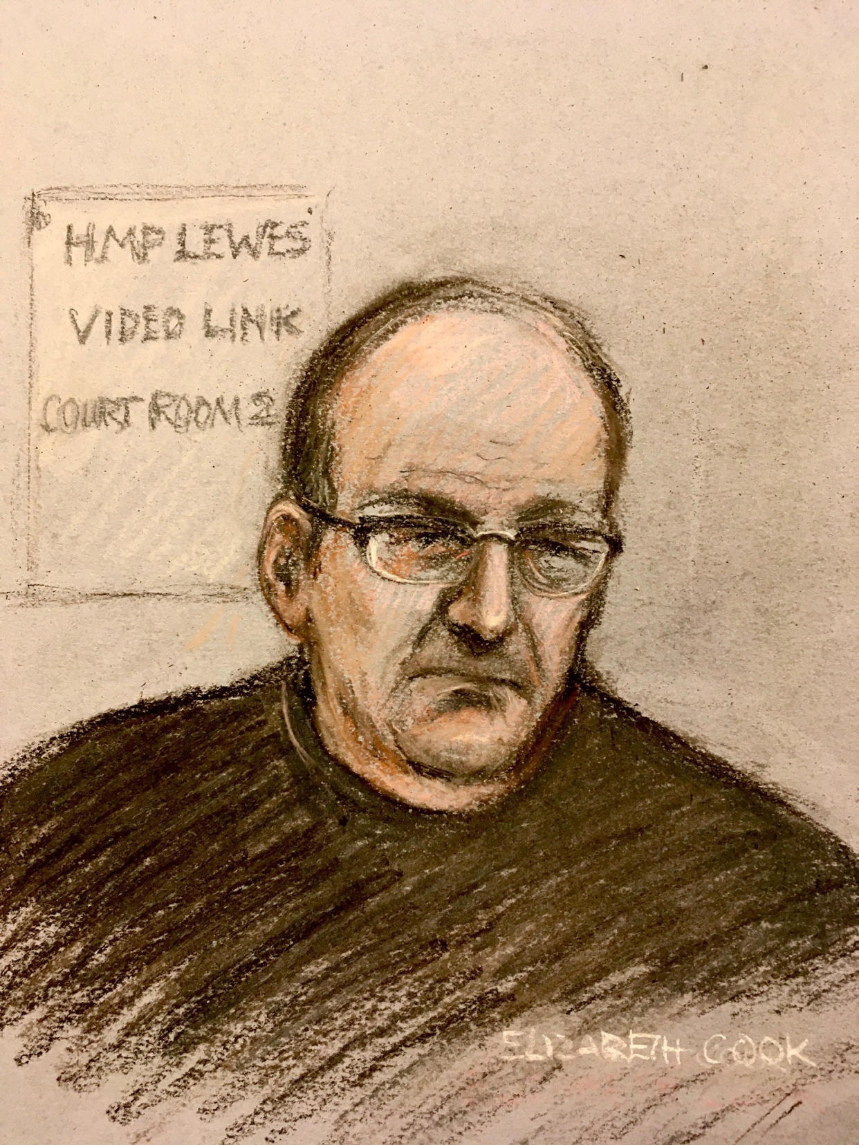 Court artist sketch by Elizabeth Cook of David Fuller appearing via video link at Maidstone Crown Court charged with two counts of murder in connection with the deaths of Wendy Knell and Caroline Pierce in 1987.