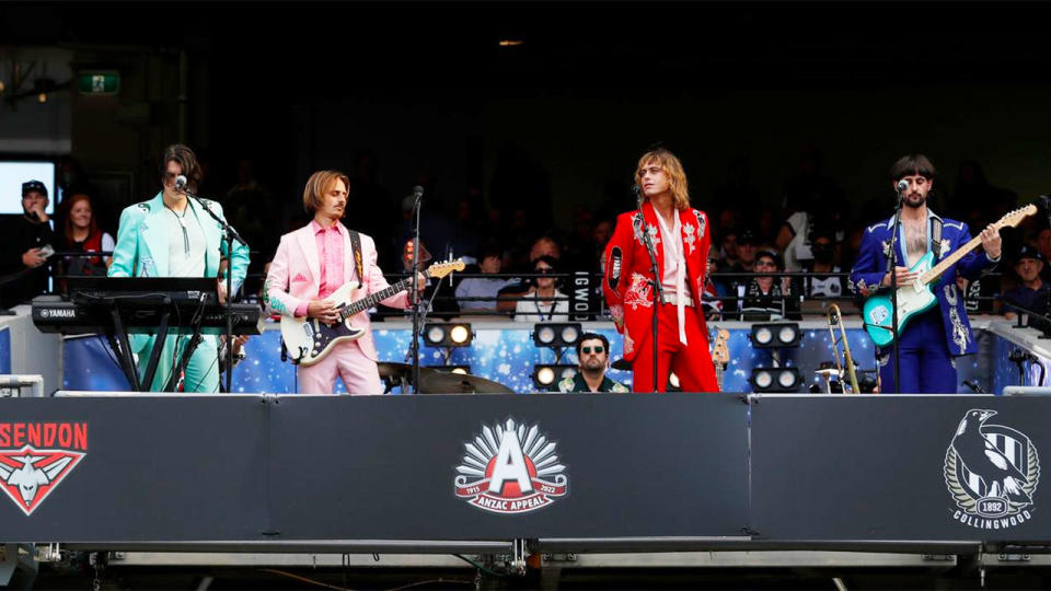 Pictured here, Aussie band Lime Cordiale performs before the AFL's traditional Anzac Day clash.