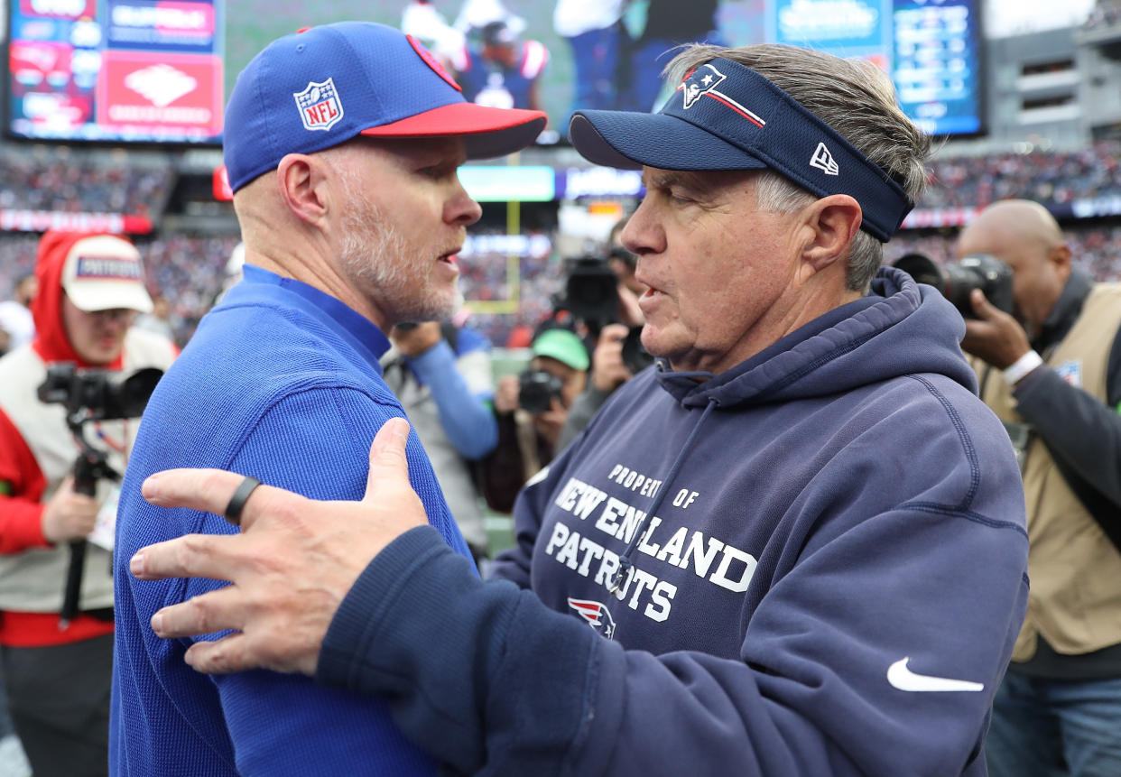 Bill Belichick and Sean McDermott after Sunday's game. (Maddie Meyer/Getty Images)