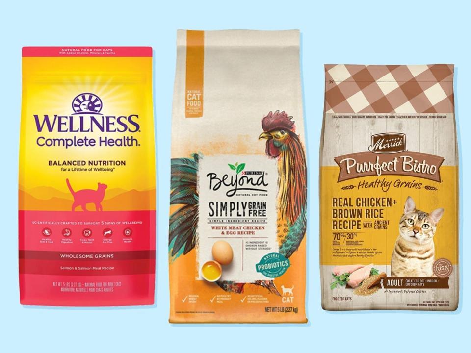 Three bags of dry cat food sitting side by side, including Wellness Complete Health Adult Dry Salmon Recipe, Purina Beyond Simply Grain-Free White Meat Chicken and Egg Recipe, and Merrick Purrfect Bistro Real Chicken and Brown Rice Recipe.