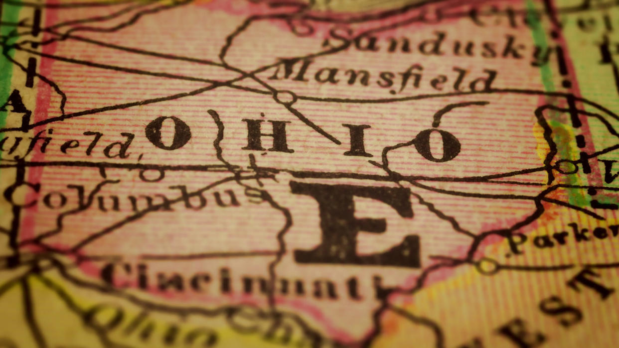 Ohio on a 1880's map. Ohio is a state in the Midwestern United States. Ohio is the 34th largest (by area), the 7th most populous, and the 10th most densely populated of the 50 United States. The state's capital and largest city is Columbus. Selective focus and Canon EOS 5D Mark II with MP-E 65mm macro lens.