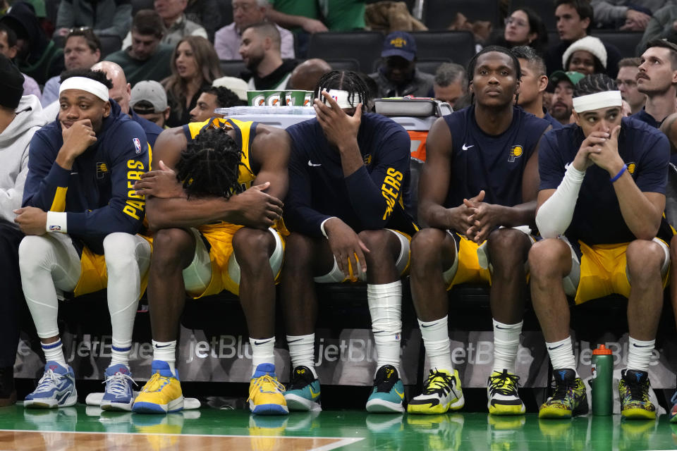 Indiana Pacers sit on the bench while trailing the Boston Celtics by 50 points late in the second half of an NBA basketball game, Wednesday, Nov. 1, 2023, in Boston. The Celtics won 155-104. (AP Photo/Charles Krupa)