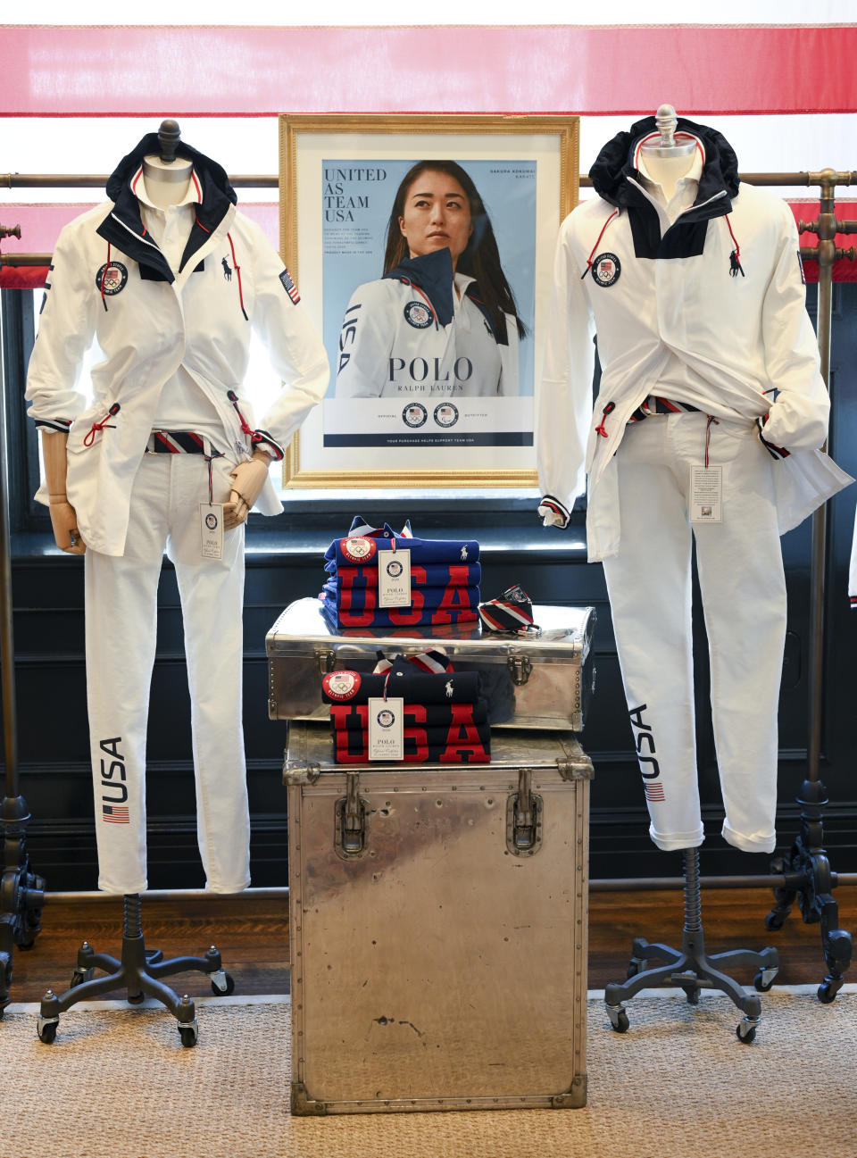 Team USA Tokyo Olympic closing ceremony uniforms are displayed during the unveiling at the Ralph Lauren SoHo Store on April 13, 2021, in New York. Ralph Lauren is an official outfitter of the 2021 U.S. Olympic Team. (Photo by Evan Agostini/Invision/AP)