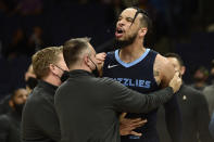 Memphis Grizzlies forward Dillon Brooks reacts after being ejected for his second technical foul, in the second half of the team's NBA basketball game against the Dallas Mavericks on Wednesday, Dec. 8, 2021, in Memphis, Tenn. (AP Photo/Brandon Dill)