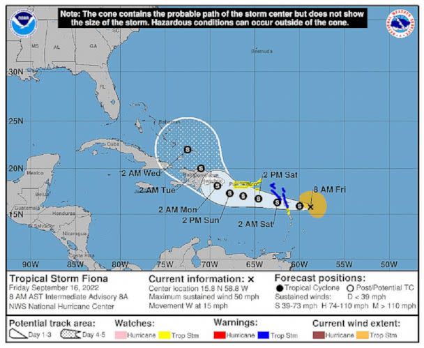 PHOTO: The probable path of tropical storm Fiona is shown in a graphic from NOAA, on Sept. 16, 2022.  (NOAA)