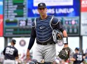 Mar 20, 2019; West Palm Beach, FL, USA; New York Yankees catcher Gary Sanchez (24) prior to a spring training game against the Houston Astros at FITTEAM Ballpark of the Palm Beaches. Mandatory Credit: Steve Mitchell-USA TODAY Sports