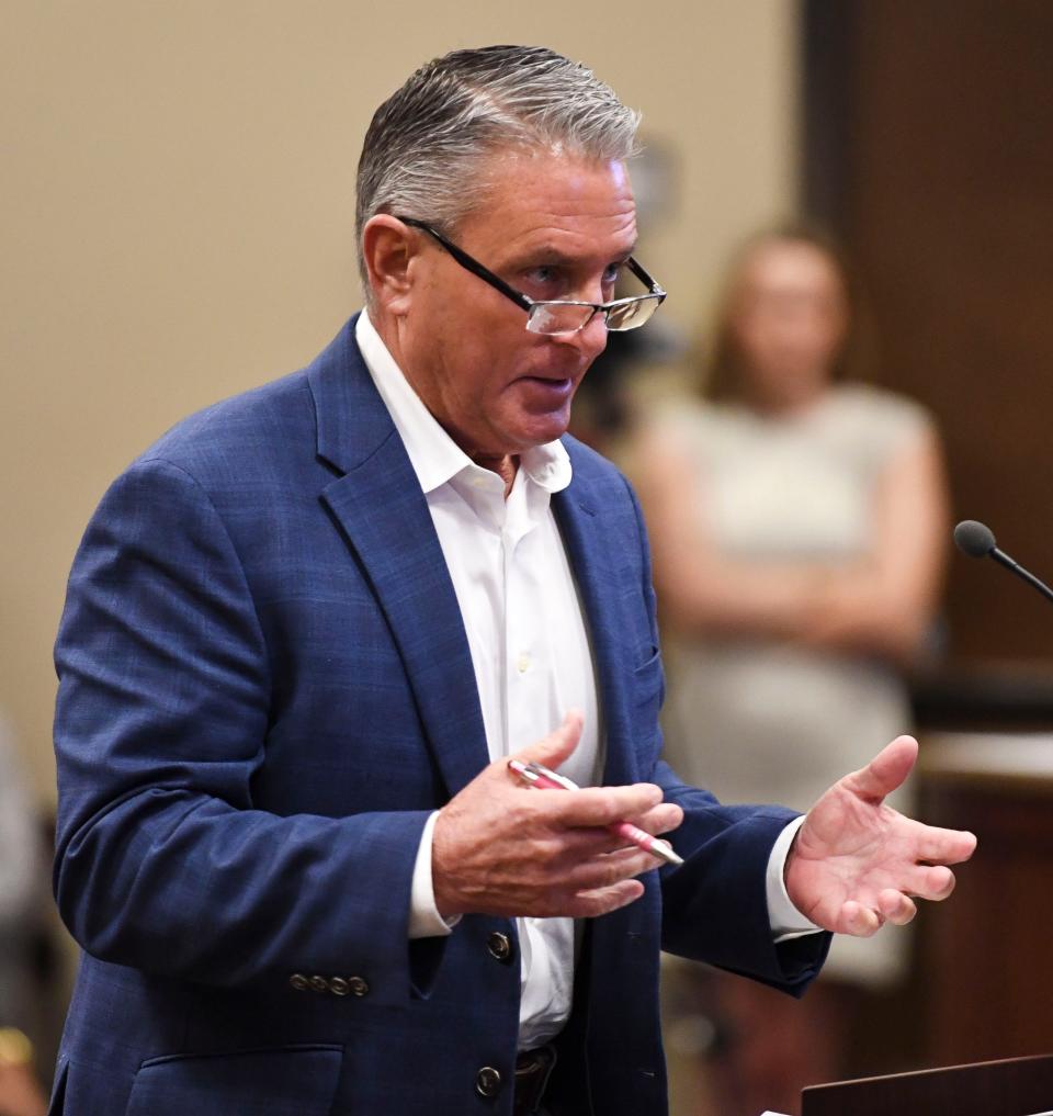 Feb 19, 2024; Northport, Alabama, USA; Former Northport City Councilman Bart Harper speaks against a proposed waterpark development during a public hearing at Northport City Hall Monday.