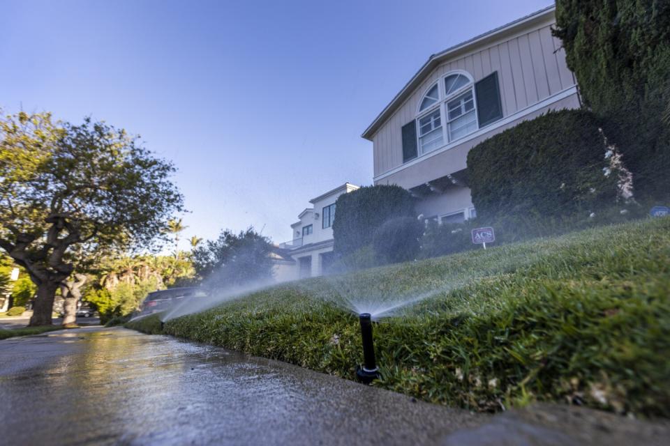 Sprinklers water the grass and flowers during early morning hours on a lawn at a house in Beverlywood