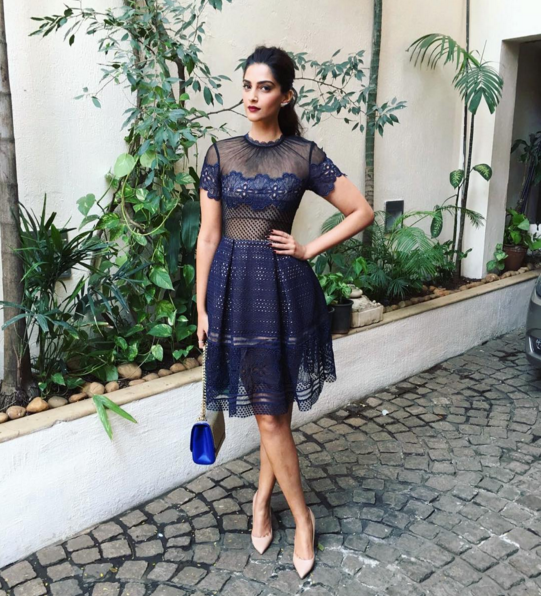 1. Sonam Kapoor donned this outfit not once, but twice for promotional events in recent times. The lace-like effect gives out a feminine vibe while the strategically placed see-through adds that touch of classy sexiness.