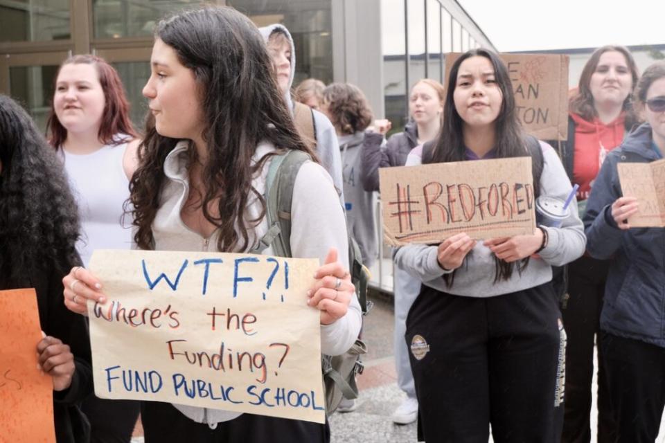 Juneau-Douglas High School students gathered in front of the capitol to demand state lawmakers fund education on April 4, 2024. (Photo by Claire Stremple/Alaska Beacon)