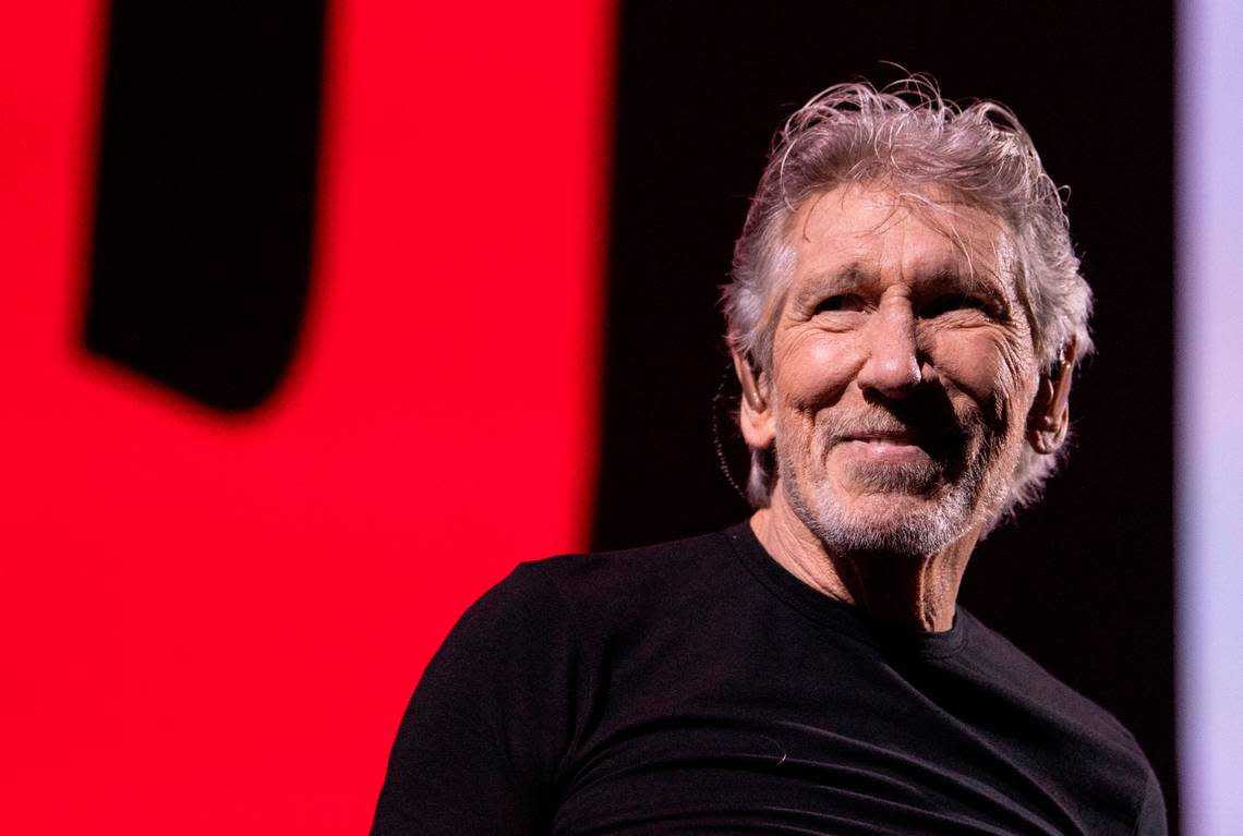 Roger Waters smiles at the crowd at the beginning of his concert at Raleigh, N.C.’s PNC Arena, Thursday night, Aug. 18, 2022.