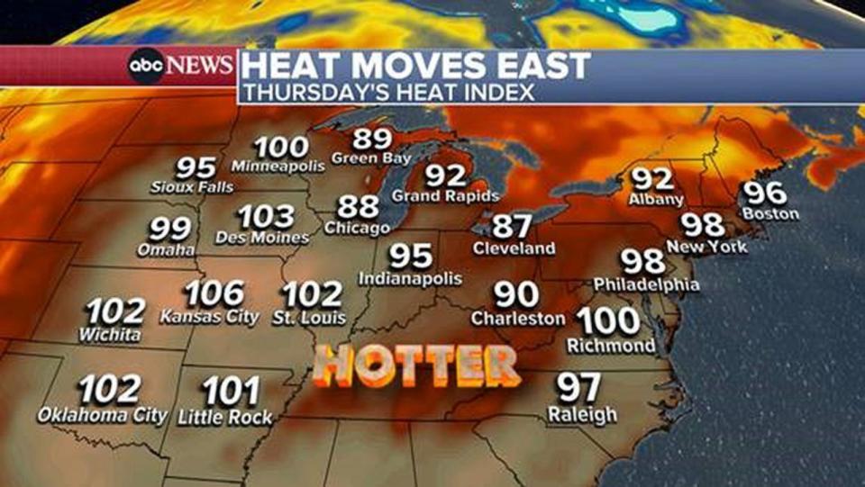 PHOTO: By July 27, 2023, heat index values are forecast to be near 100 degrees Fahrenheit along the Interstate 95 travel corridor from Richmond, Virginia, to Philadelphia, Pennsylvania, and New York, New York. (ABC News)