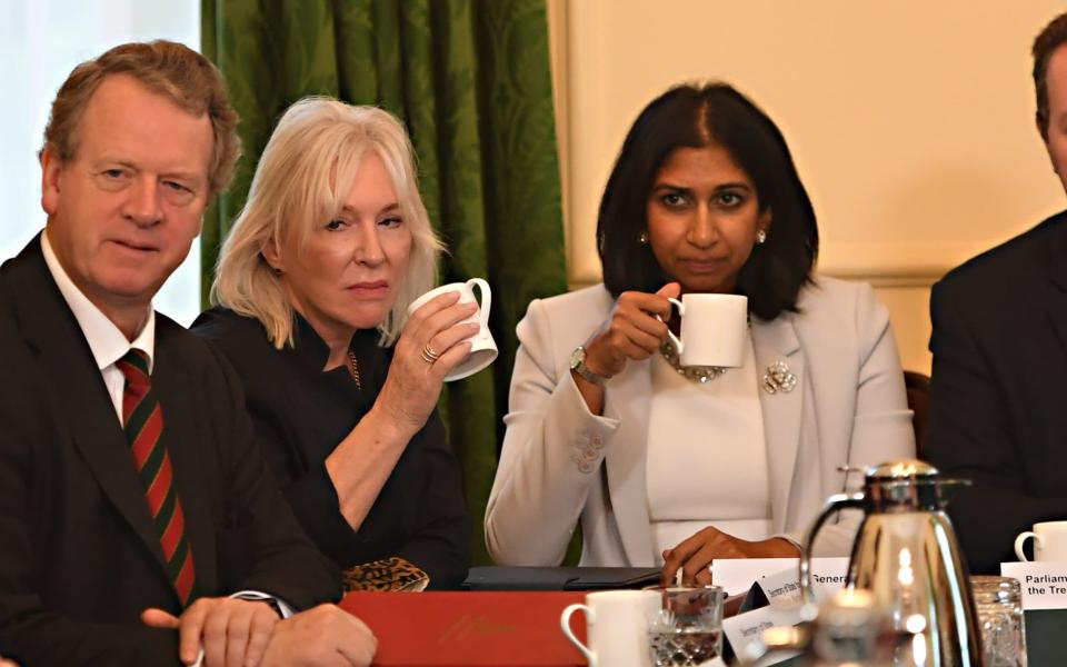 Alister Jack, the Scottish Secretary, Nadine Dorries, the Culture Secretary, and Suella Braverman, the Attorney General, on Friday during the first Cabinet meeting since the reshuffle - Jeremy Selwyn/Evening Standard 