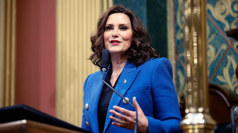 PHOTO: Michigan Gov. Gretchen Whitmer delivers her State of the State address to a joint session of the House and Senate, Jan. 25, 2023, at the state Capitol in Lansing, Mich. (Al Goldis/AP)