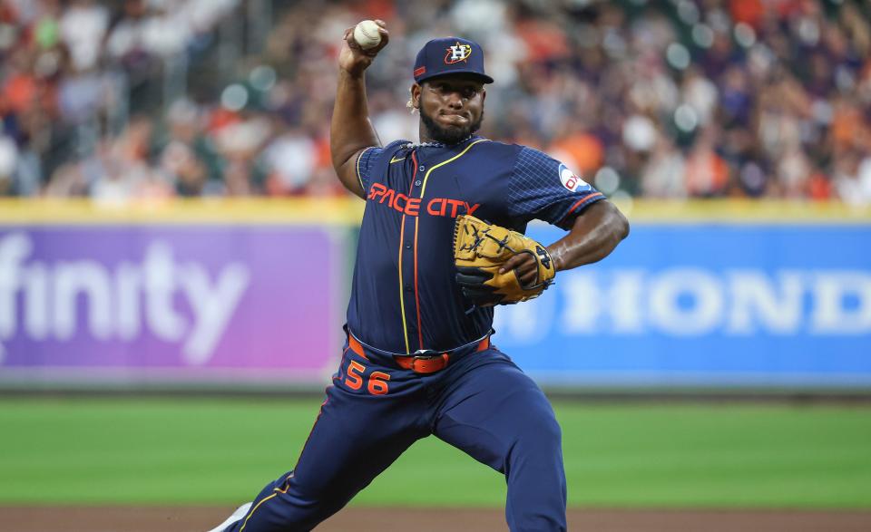 Ronel Blanco delivers a pitch against the Toronto Blue Jays at Minute Maid Park.