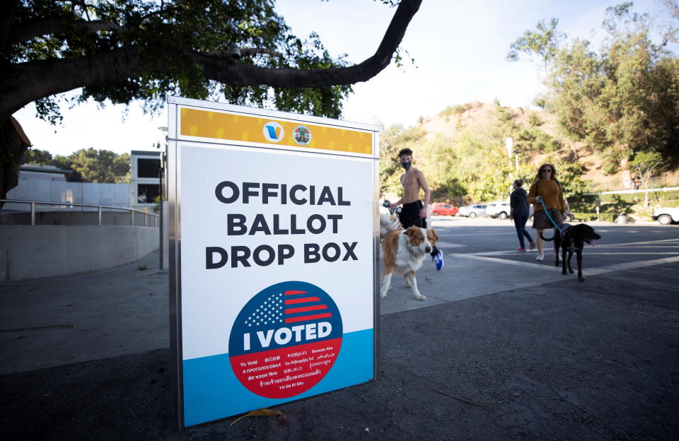 An Official Los Angeles County Ballot Drop Box is pictured during the U.S. presidential election outside Hollywood Bowl during the outbreak of the coronavirus disease (COVID-19), in Los Angeles, California, U.S., October 26, 2020. REUTERS/Mario Anzuoni