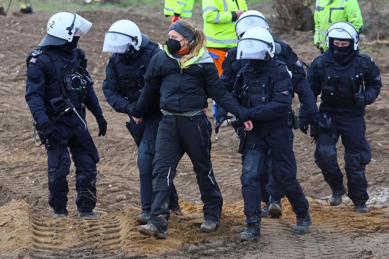 Demonstrators protest ahead of the evacuation of the Luetzerath village