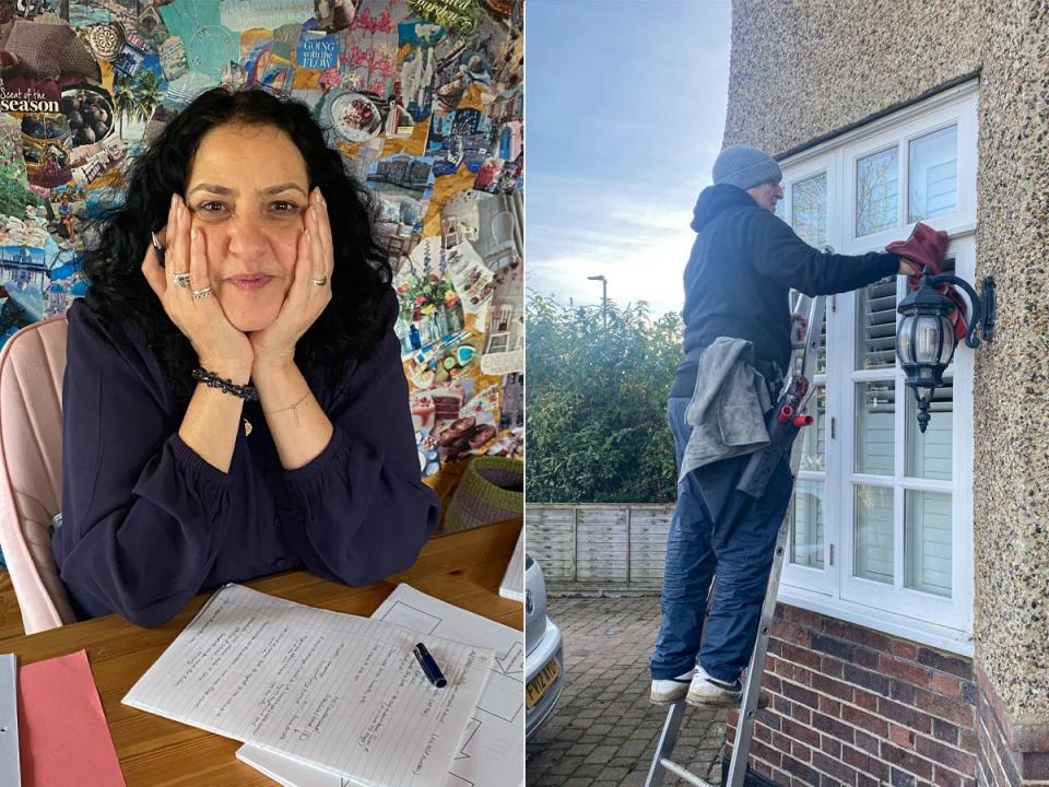 A split image of a middle-aged woman sitting at a desk in front of papers and a window cleaner on a ladder washing windows.