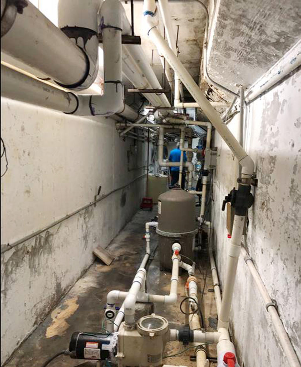 Images captured by a contractor show the conditions inside the pool control room of Champlain Towers South days before collapse. (Miami Herald)