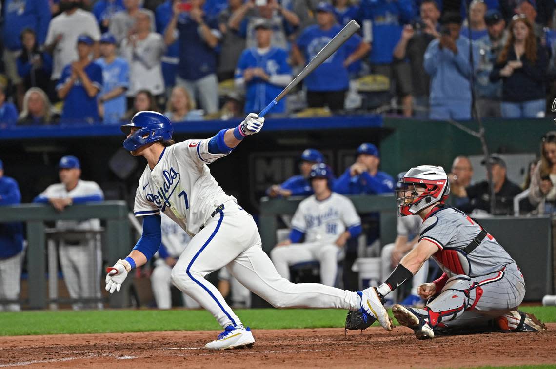 Kansas City Royals shortstop Bobby Witt Jr. (7) hits a two-RBI single in the eighth inning against the Minnesota Twins at Kauffman Stadium on Sept. 7, 2024.