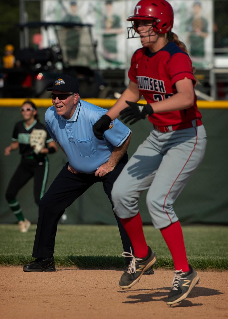 Umpire Russ Carlisle of Evansville officiates a game between North and Tecumseh at North High School in Evansville, Ind., Tuesday evening, May 10, 2022.