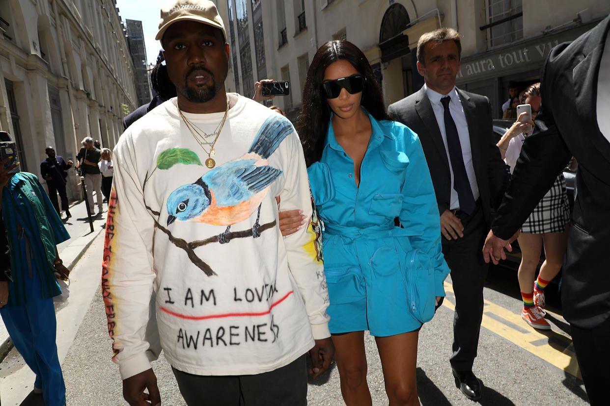 Kanye West and Kim Kardashian in Paris for Fashion Week on June 21. (Photo: Getty Images)
