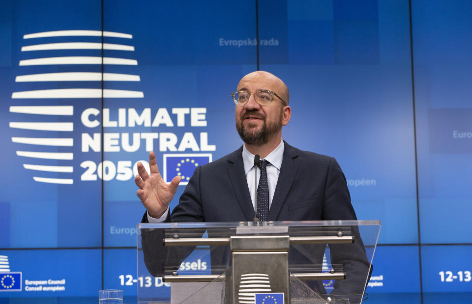 European Council President Charles Michel speaks during a media conference during an EU summit in Brussels, Friday, Dec. 13, 2019. European Union leaders gathered for their year-end summit and discussed climate change funding, the departure of the UK from the bloc and their next 7-year budget. (AP Photo/Virginia Mayo)