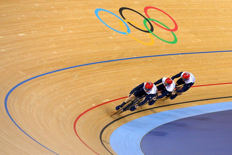 Hoy competed alongside Philip Hindes and Jason Kenny and set a world record in the Men’s Team Sprint at London 2012 (Getty Images)