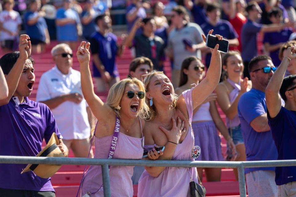 TCU fans celebrate after a touchdown on Saturday, Sept. 24, 2022, at the Gerald Ford Stadium in the Southern Methodist University in Dallas, Texas.