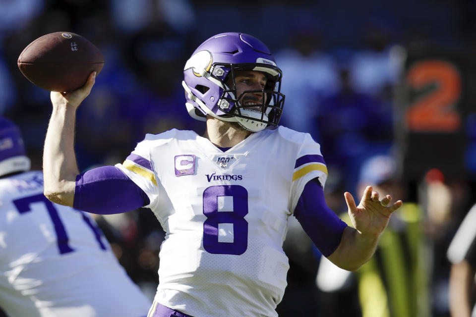 Minnesota Vikings quarterback Kirk Cousins throws a pass during the first half of an NFL football game against the Los Angeles Chargers, Sunday, Dec. 15, 2019, in Carson, Calif. (AP Photo/Marcio Jose Sanchez)