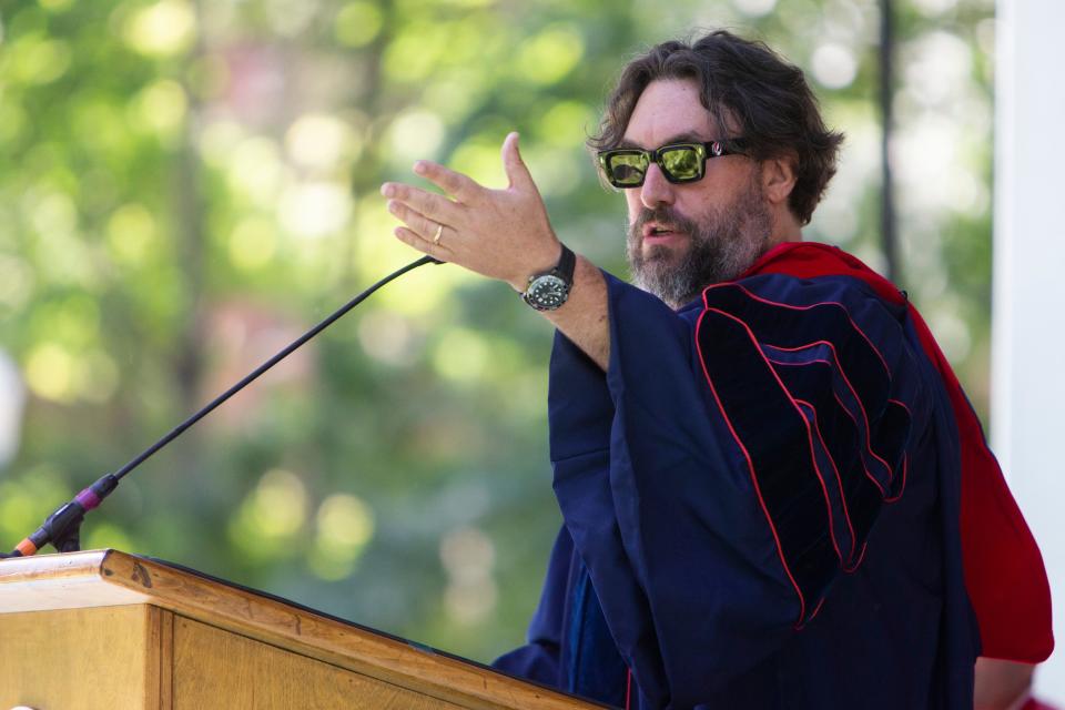 Commencement speaker Wright Thompson urged Ole Miss graduates to stay in state and to avoid the "seductive coats of nostalgia" in his address to the 5,000 University of Mississippi graduates on Saturday in Oxford.