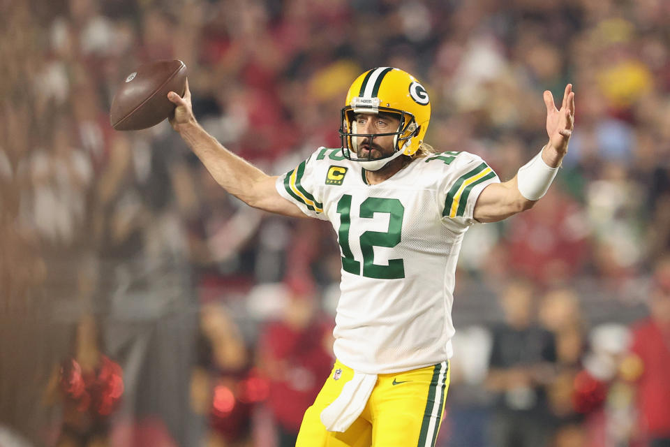 GLENDALE, ARIZONA - OCTOBER 28: Quarterback Aaron Rodgers #12 of the Green Bay Packers reacts during the NFL game at State Farm Stadium on October 28, 2021 in Glendale, Arizona. The Packers defeated the Cardinals 24-21.  (Photo by Christian Petersen/Getty Images)