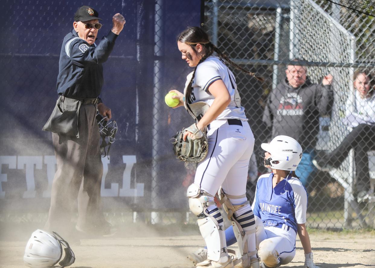 Archbishop Williams' Candace Sumner tags Braintree's Lexi Donahue during a game at Flaherty Elementary School in Braintree on Friday, April 26, 2024.