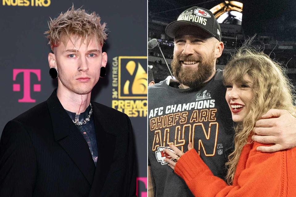 <p>Romain Maurice/Getty Images; AP Photo/Julio Cortez</p> Machine Gun Kelly (left); Travis Kelce and Taylor Swift (right)