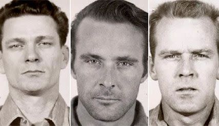 The prison mug shots of convicts of, left to right, Frank Lee Morris, Clarence Anglin and John Anglin. Picture: Escape from Alcatraz. Photo: Supplied