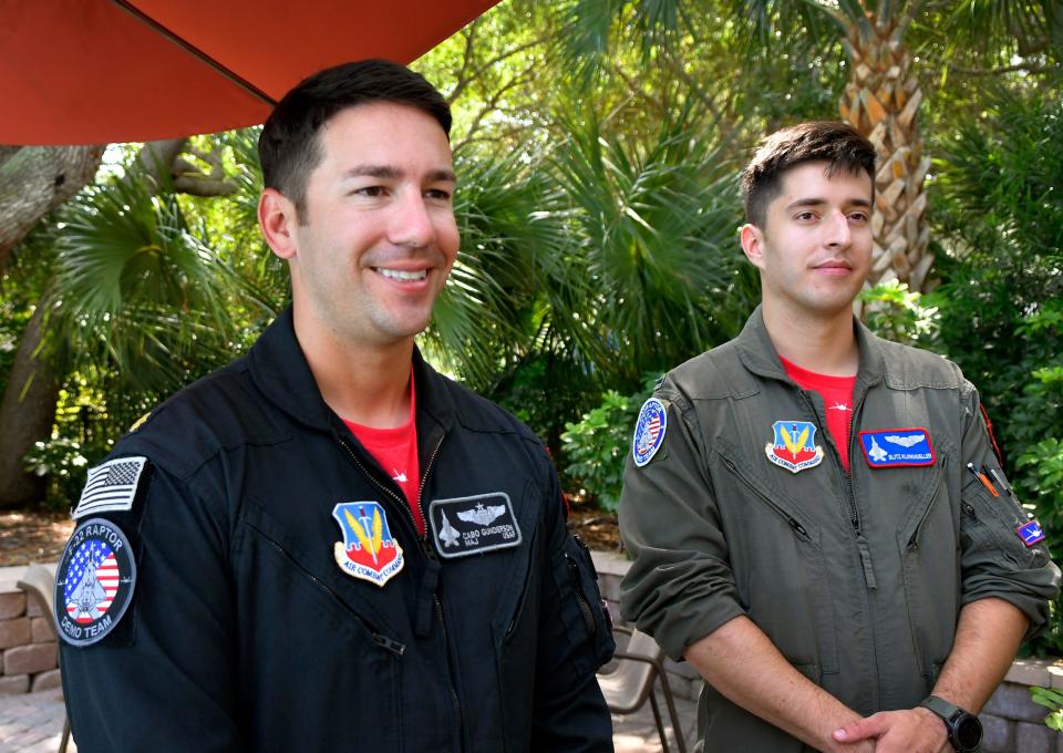 U.S. Air Force F-22 Raptor Demo Team members Maj. Josh "Cabo" Gunderson, pilot and commander, and 1st Lt. Kurt "Blitz" Klinkmueller, safety observer, chat Thursday shortly after arriving on the Space Coast.